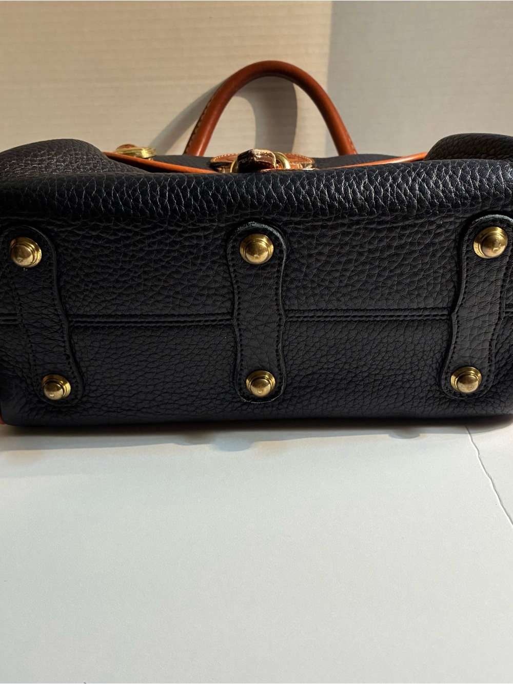 Vintage 80’s Dooney & Bourke Black Pebbled Leather Satchel with Brown Trim Navy - Picture 5 of 15